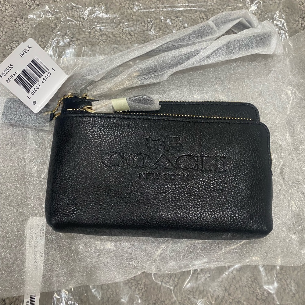 Coach Card Case ID Wristlet Wallet - Black Embossed Leather